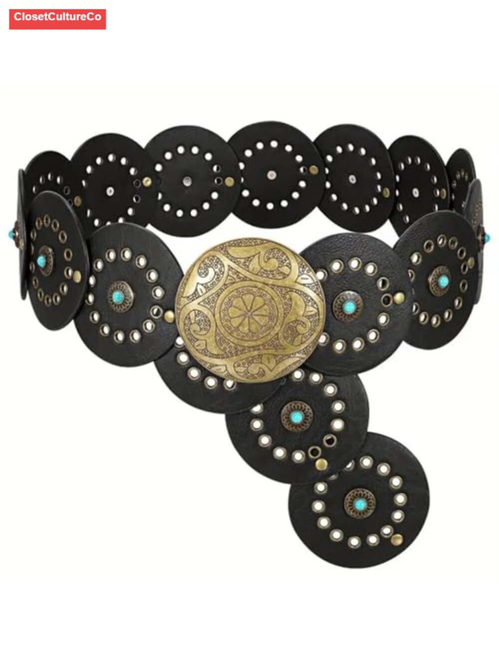 Western Boho Disc Belt PU Leather Concho Cowgirl Adjustable Wide Belt